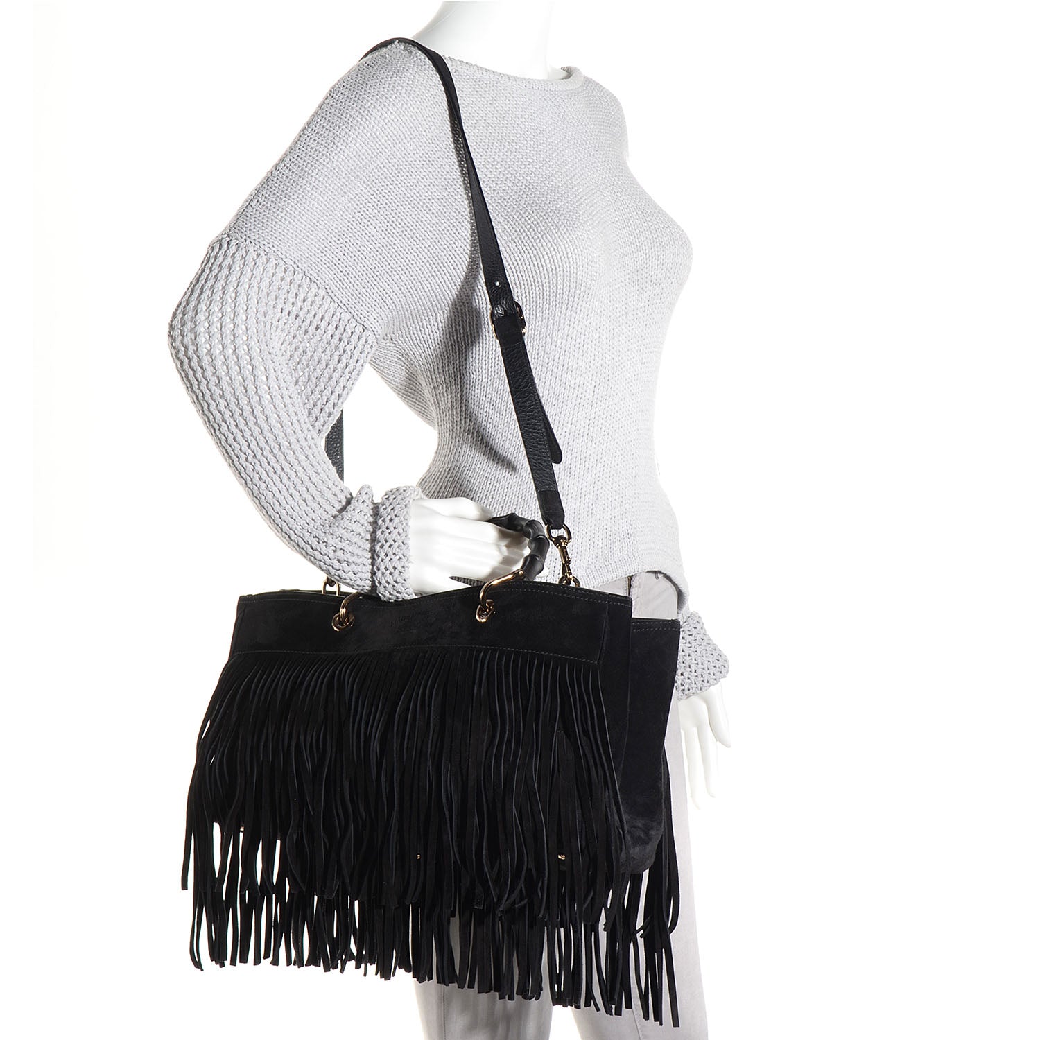 Gucci Suede Bamboo Fringe Medium Shopper Tote Black 2 of 8