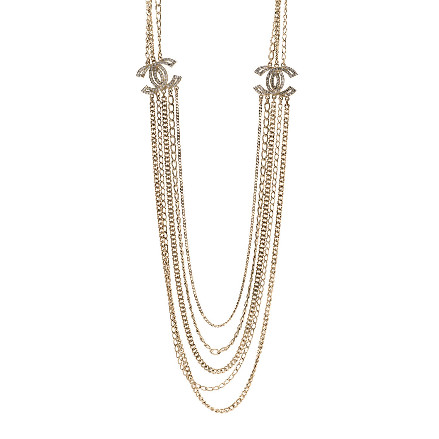 Chanel Multi Strand Chain Baguette Crystal CC Necklace Gold Gold 1 of 6