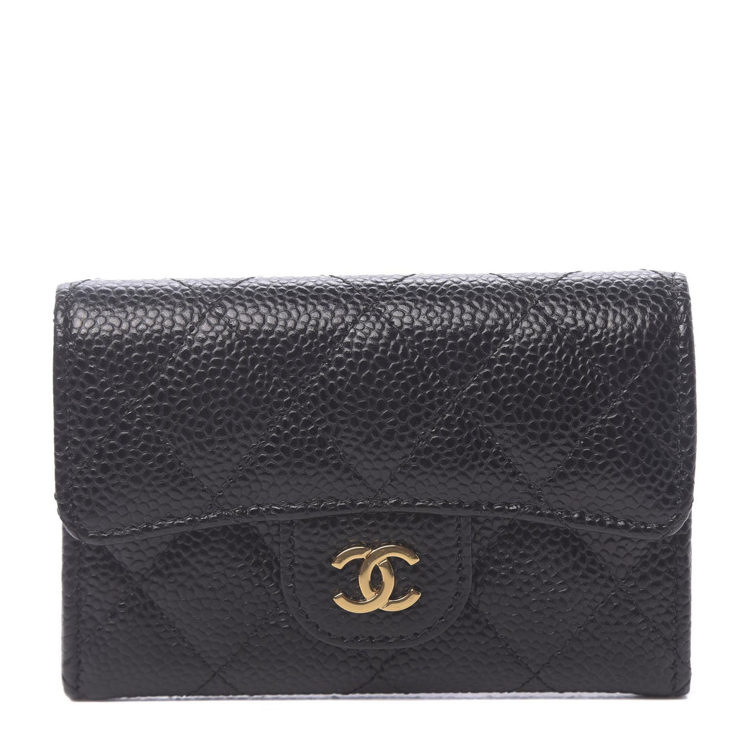 Caviar Quilted Flap Card Holder Wallet Black
