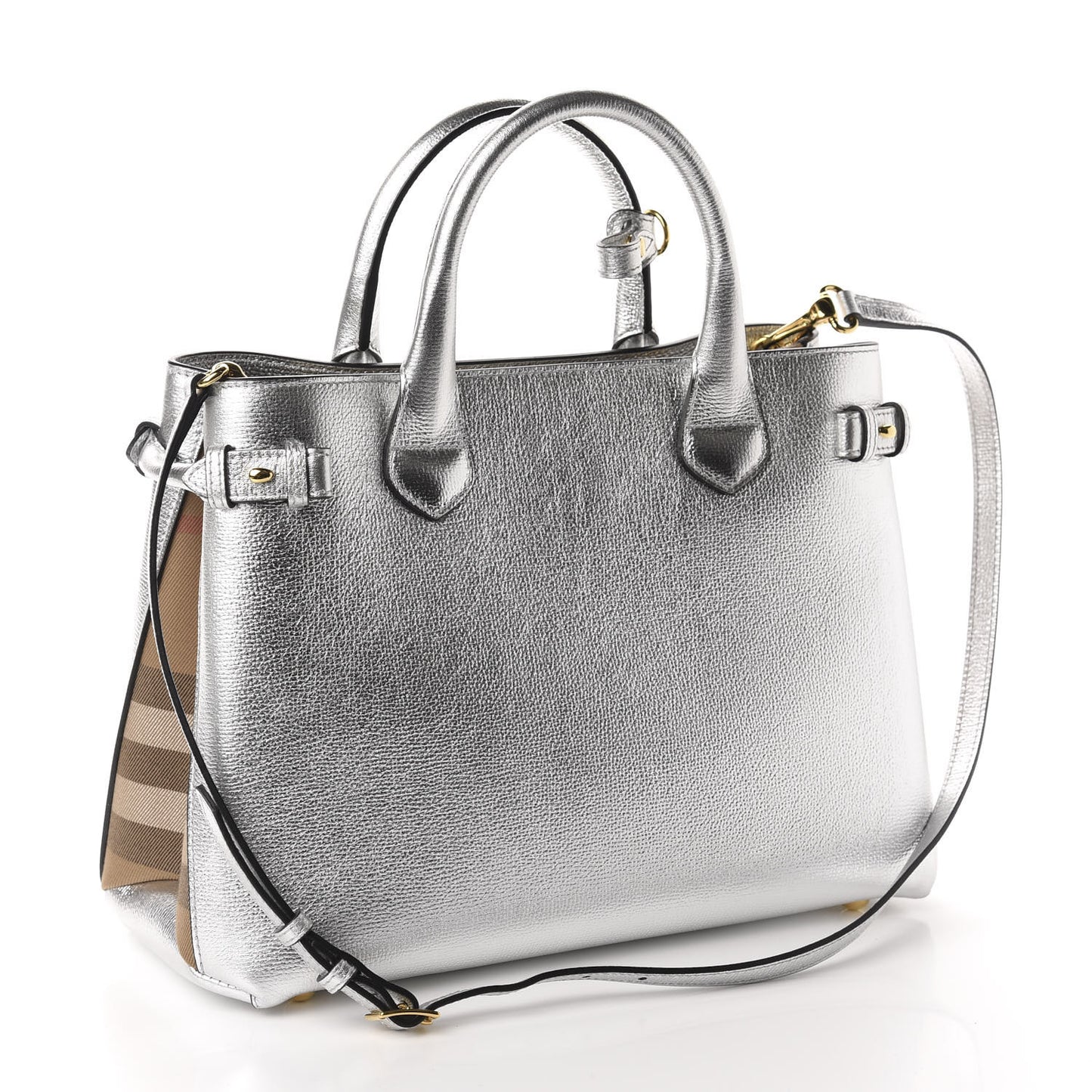 Metallic Grainy Calfskin House Check Medium Banner Tote Silver