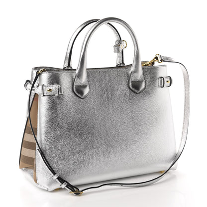 Burberry Metallic Grainy Calfskin House Check Medium Banner Tote Silver 3 of 10
