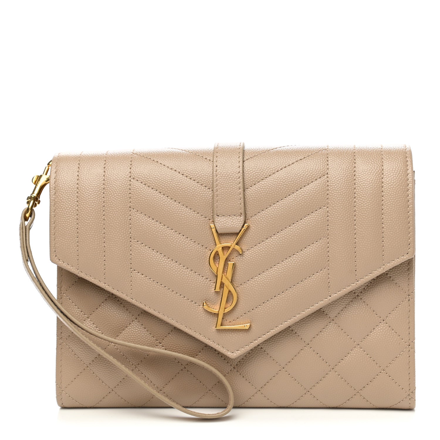 Saint Laurent Grain De Poudre Textured Mixed Matelasse Triquilt Monogram Clutch Dark Beige 1 of 8