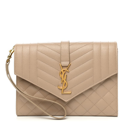 Saint Laurent Grain De Poudre Textured Mixed Matelasse Triquilt Monogram Clutch Dark Beige 1 of 8