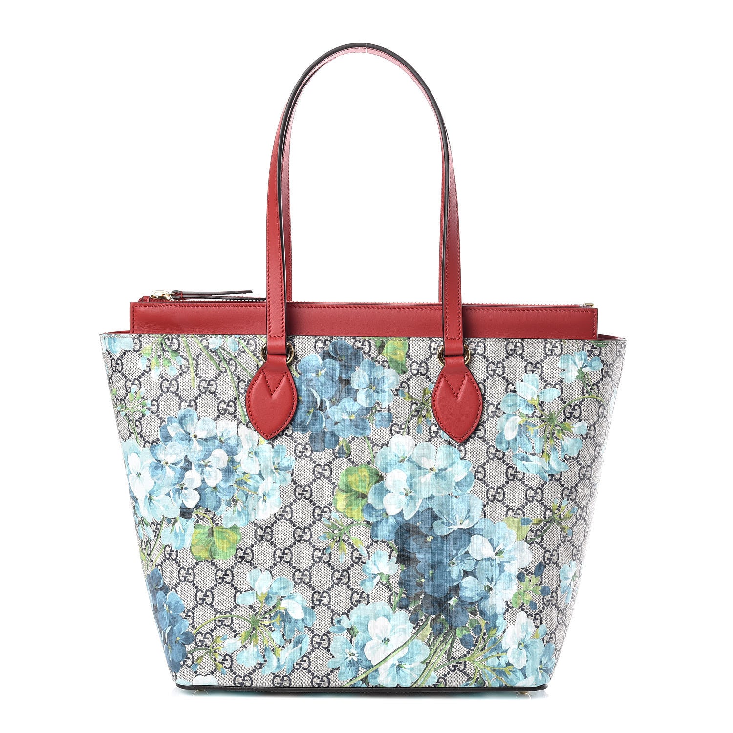 Gucci GG Supreme Monogram Blooms Medium Zippered Bucket Tote Beige Blue Navy Hibiscus Red 1 of 8