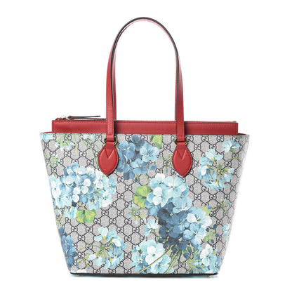 Gucci GG Supreme Monogram Blooms Medium Zippered Bucket Tote Beige Blue Navy Hibiscus Red 1 of 8