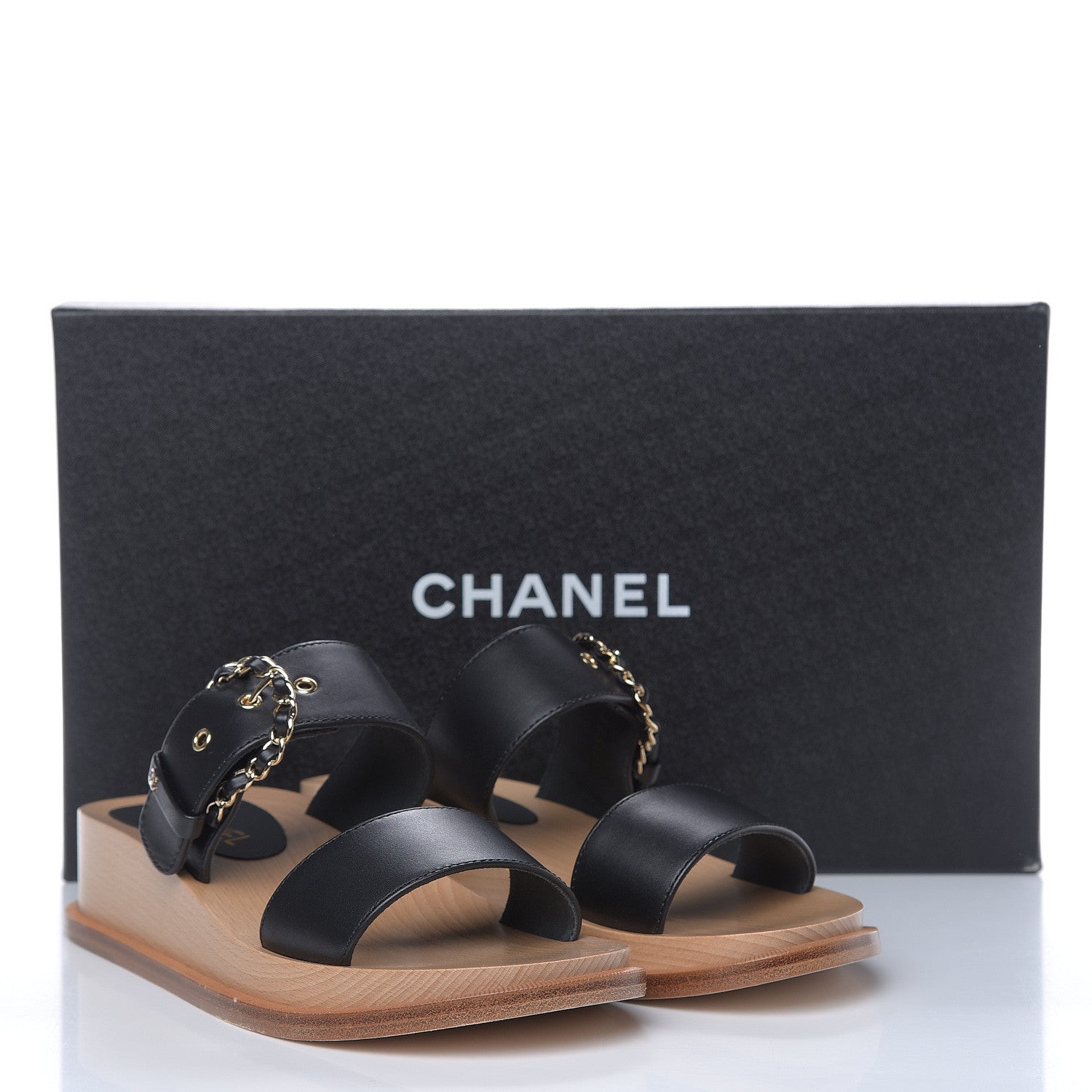 Chanel Calfskin Wood Buckle Sandals 37 Black 10 of 10