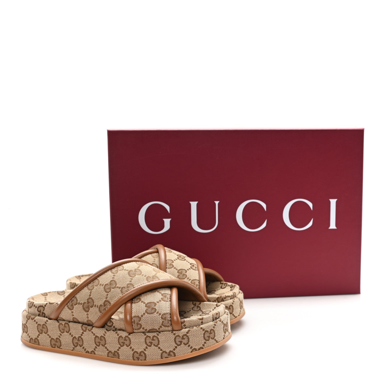 Gucci Monogram GG Calfskin Angelina Platform 55mm Slide Sandals 35