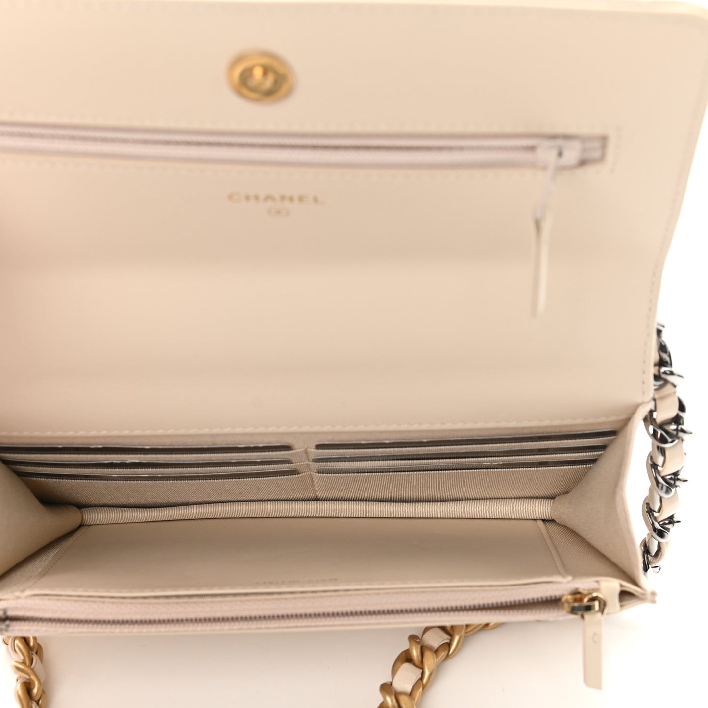 Goatskin Quilted Chanel 19 Wallet On Chain WOC Light Beige