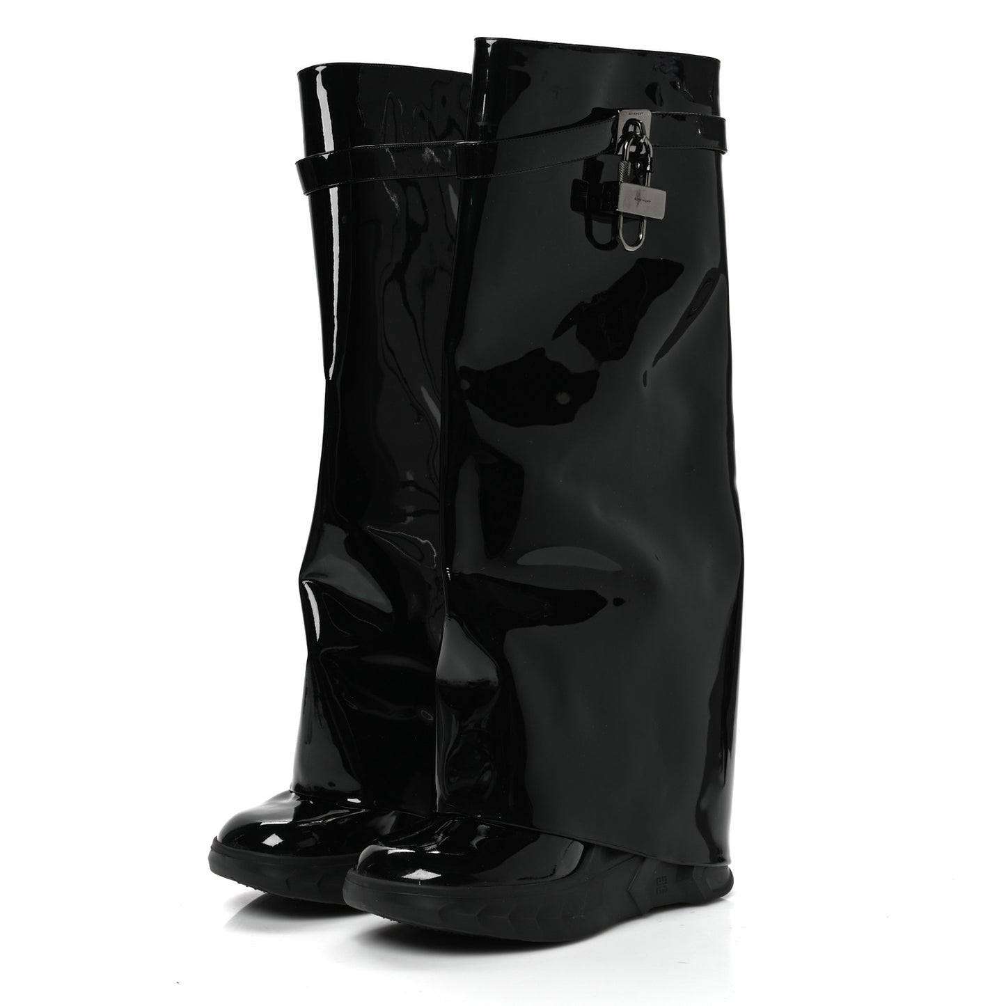 Patent Shark Lock Biker Knee Boots 39 Black