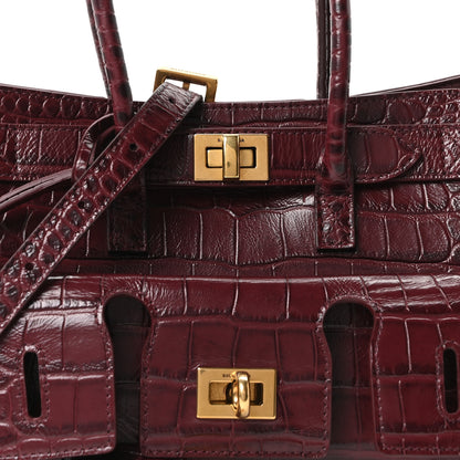 Balenciaga Calfskin Crocodile Embossed Mini Bel Air Carry All Bag Dark Burgundy 7 of 9
