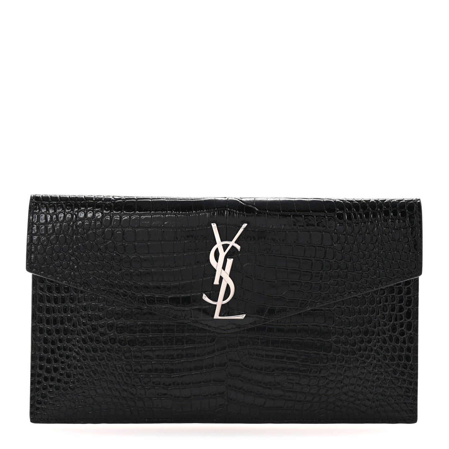 Calfskin Crocodile Embossed Uptown Monogram Clutch Black