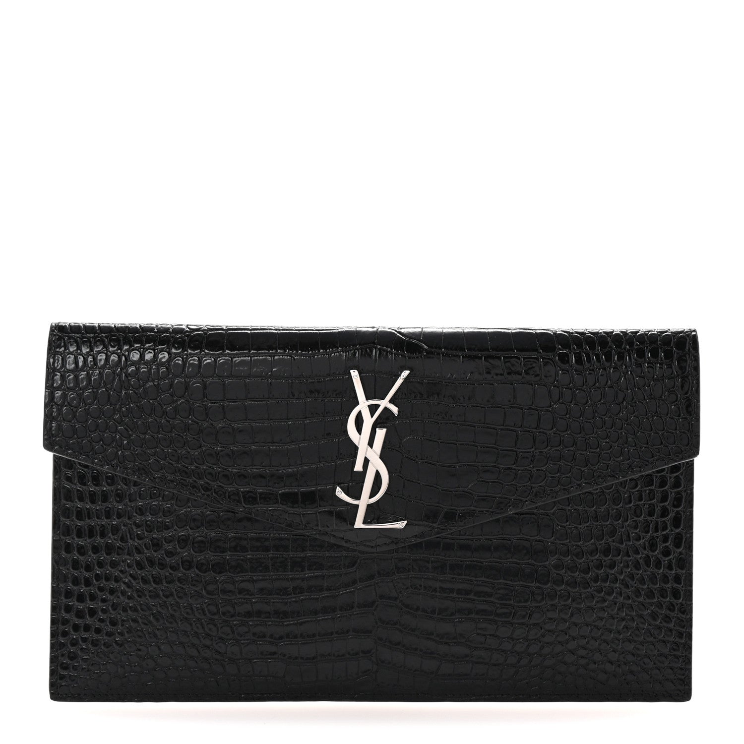 Saint Laurent Calfskin Crocodile Embossed Uptown Monogram Clutch Black 1 of 6