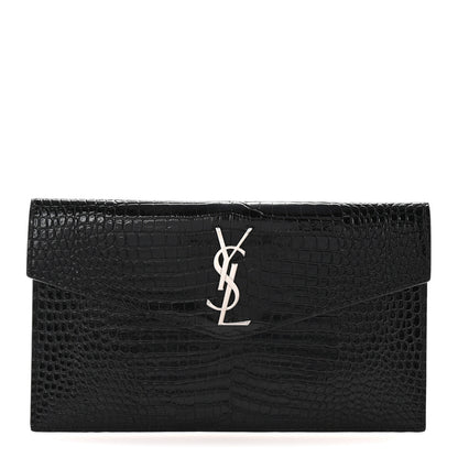 Saint Laurent Calfskin Crocodile Embossed Uptown Monogram Clutch Black 1 of 6