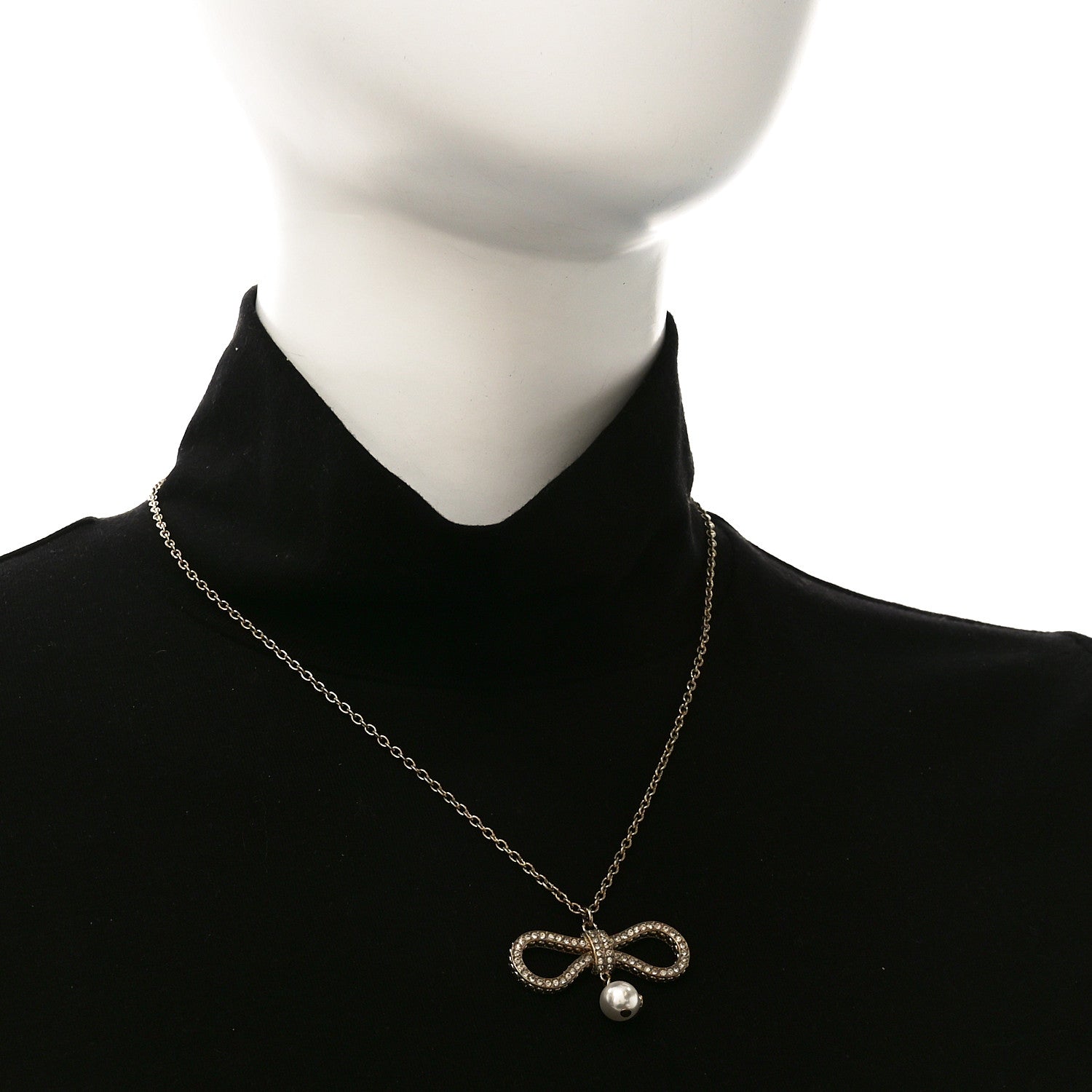 Christian Dior Metal Crystal Pearl CD Bow Necklace Gold 2 of 4