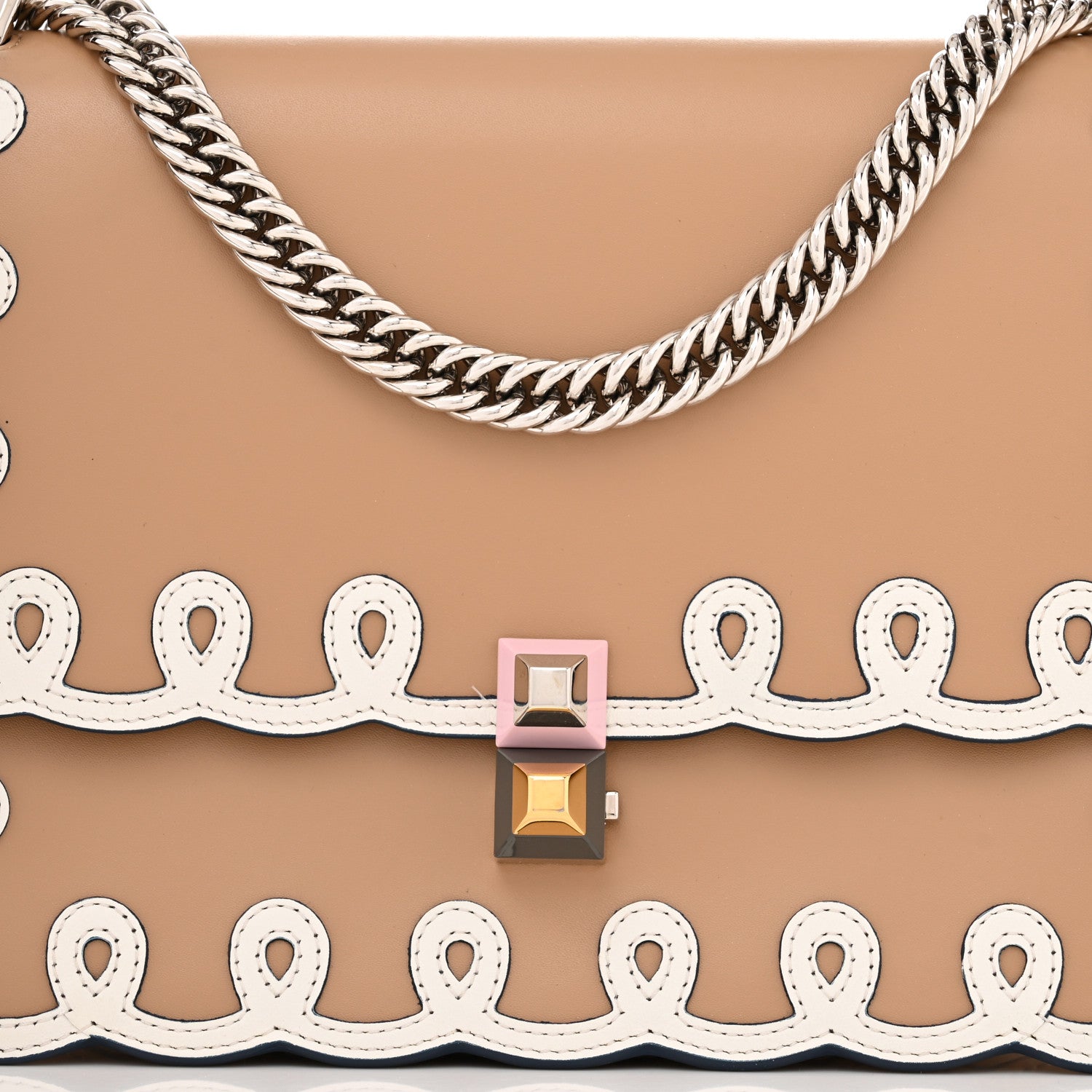 Fendi Vitello Liberty Dolce Scalloped Studded Scrollwork Kan I Shoulder Bag Cuoio White 8 of 12