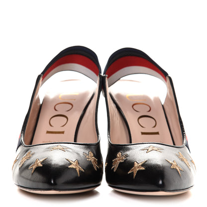 Gucci Malaga Kid Web Bee Star Embroidered Sylvie Mid Heel Slingback Pumps 40 Black 2 of 9