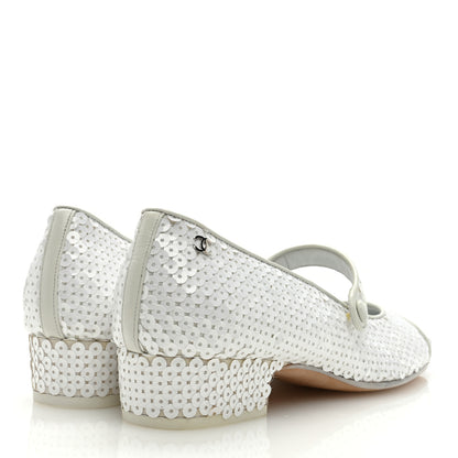 Chanel Calfskin Sequin Mary Janes Pumps 39 White 4 of 8