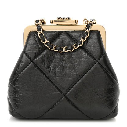 Chanel Shiny Aged Lambskin Quilted Kiss Lock Clutch With Chain Black 1 of 10