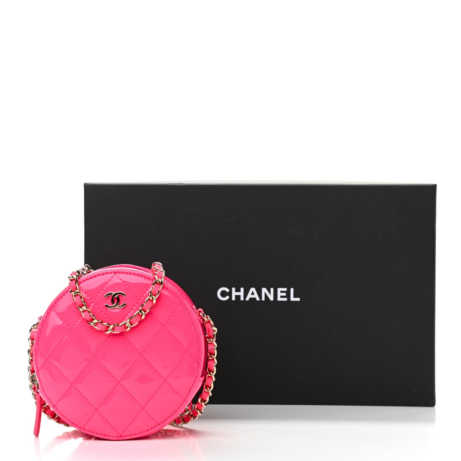 Chanel Patent Quilted Round Clutch With Chain Dark Pink 12 of 12
