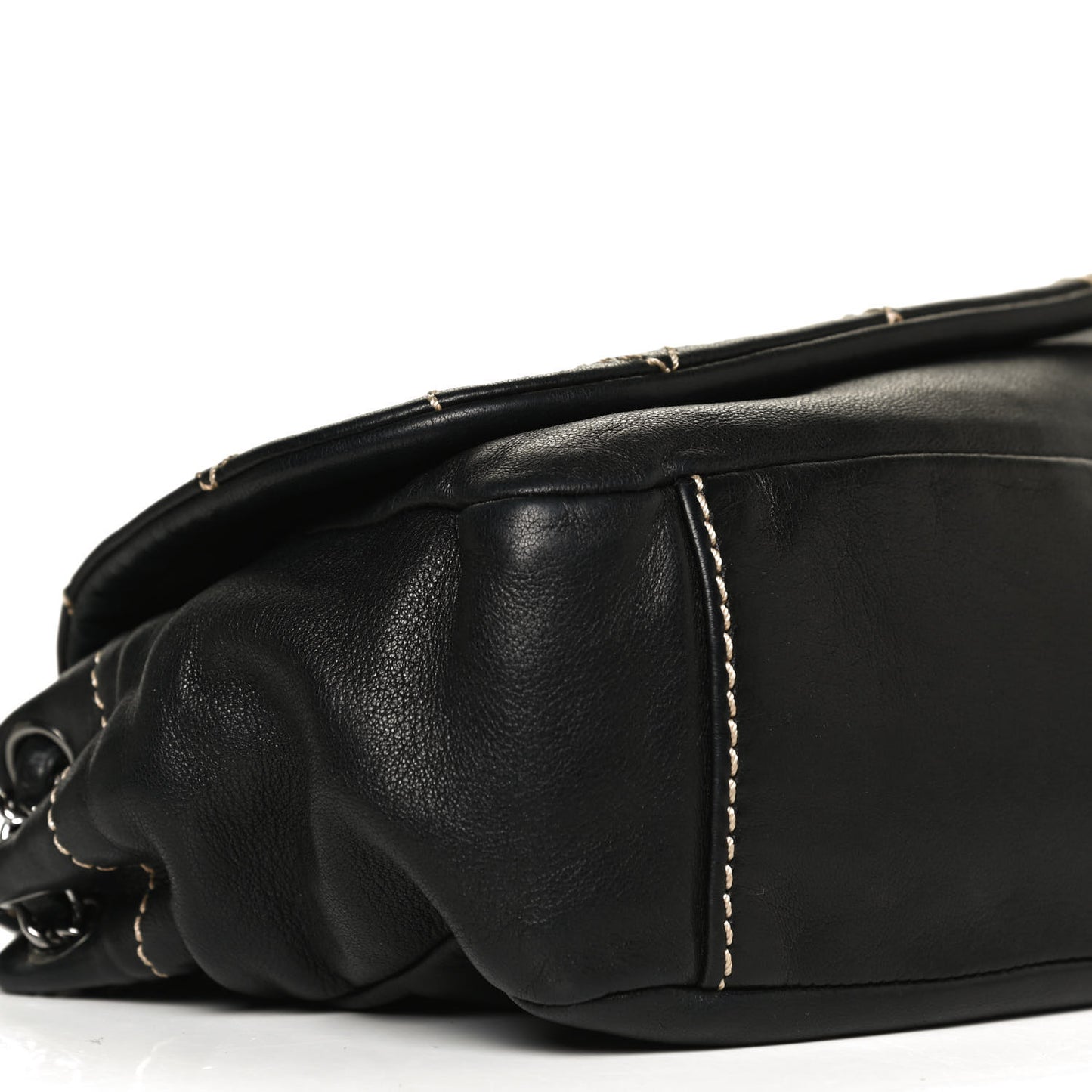 Lambskin Contrast Stitch Small Surpique Accordion Flap Black
