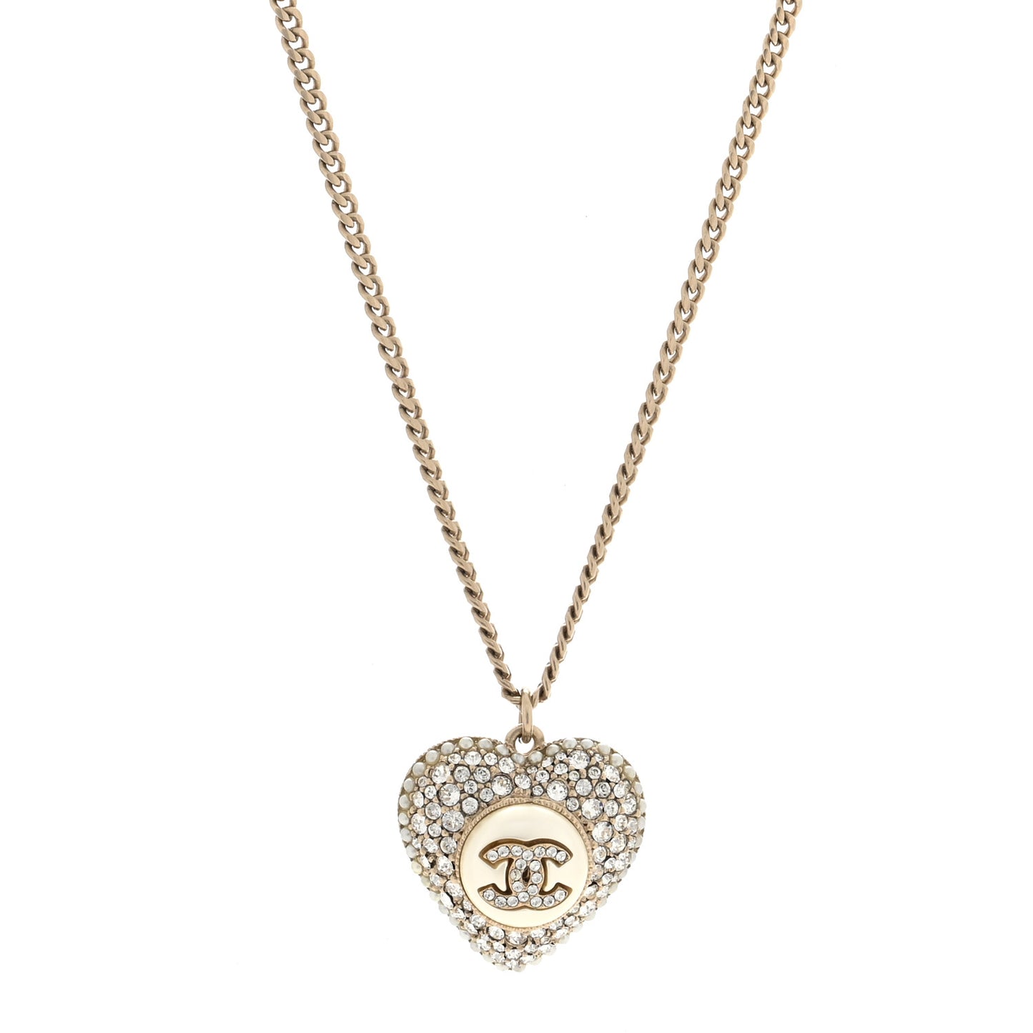 Pearl Crystal CC Heart Necklace Gold Pearly White