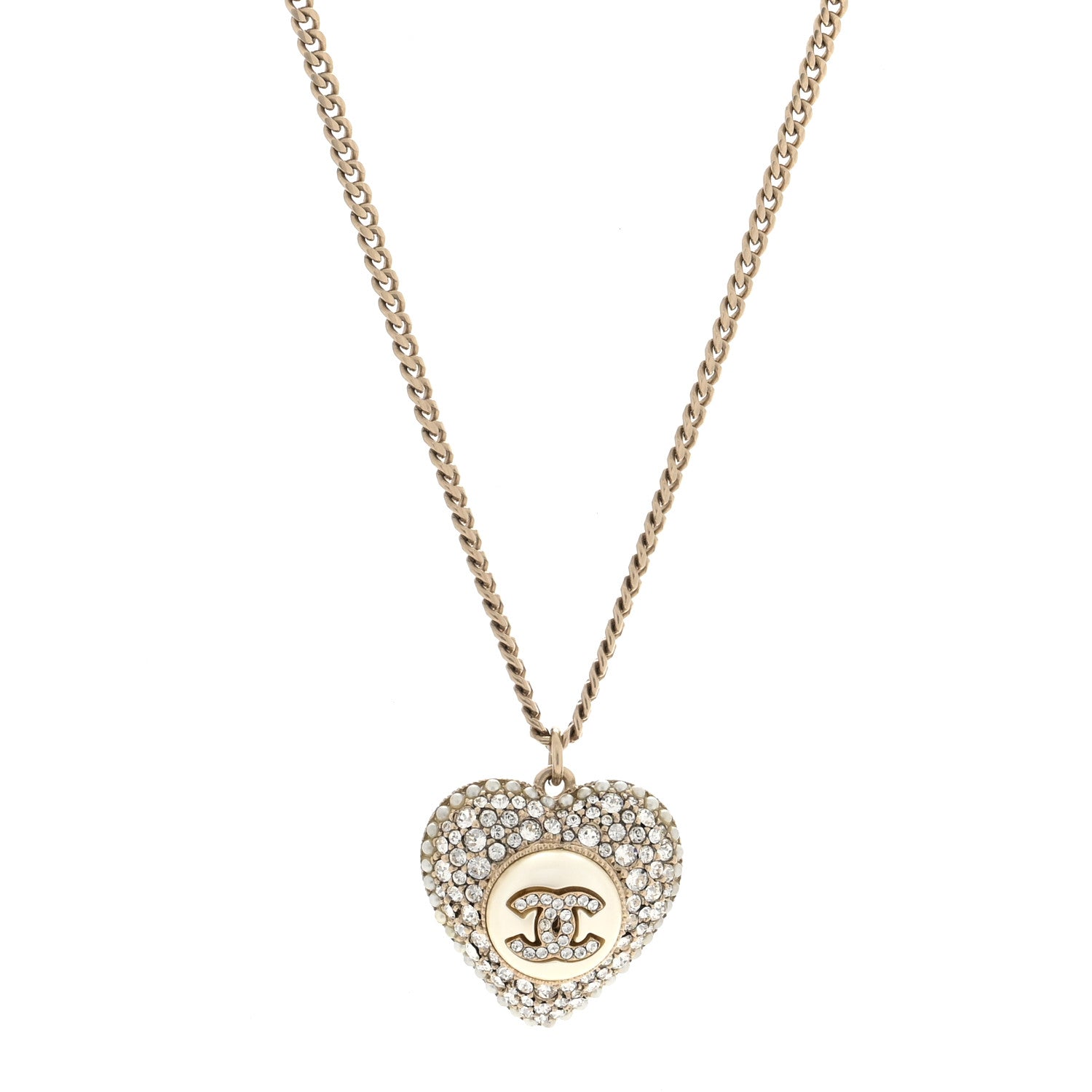 Chanel Pearl Crystal CC Heart Necklace Gold Pearly White 1 of 5