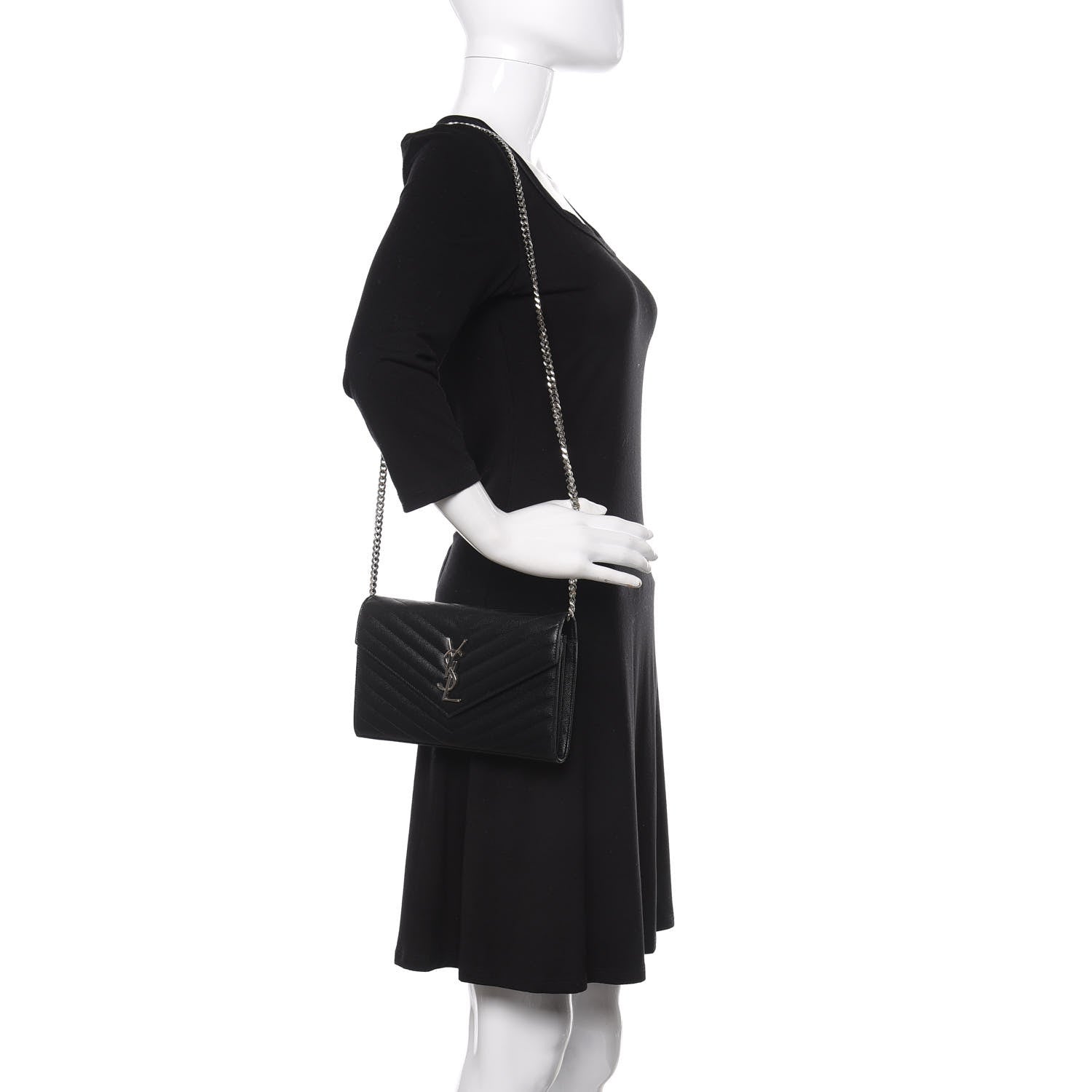 Saint Laurent Grain De Poudre Matelasse Chevron Monogram Chain Wallet Black 2 of 10