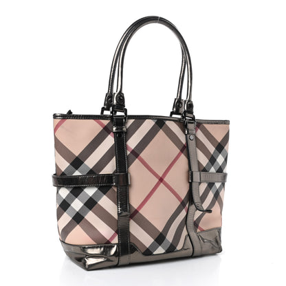 Burberry Metallic Calfskin Nova Check Tote Pewter 2 of 6