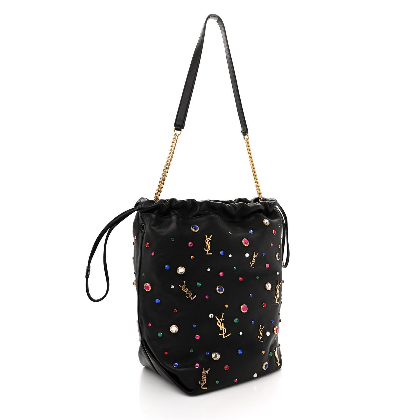 Lambskin Charm Studded Teddy Drawstring Bag Black