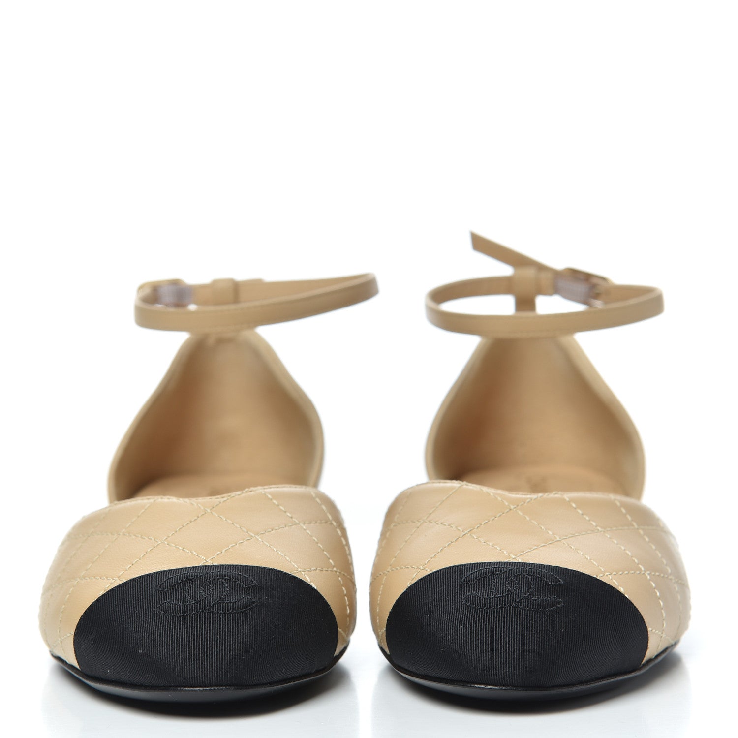 Chanel Lambskin Grosgrain Cap Toe CC Ankle Strap Sandals 39.5 Beige Black 2 of 9