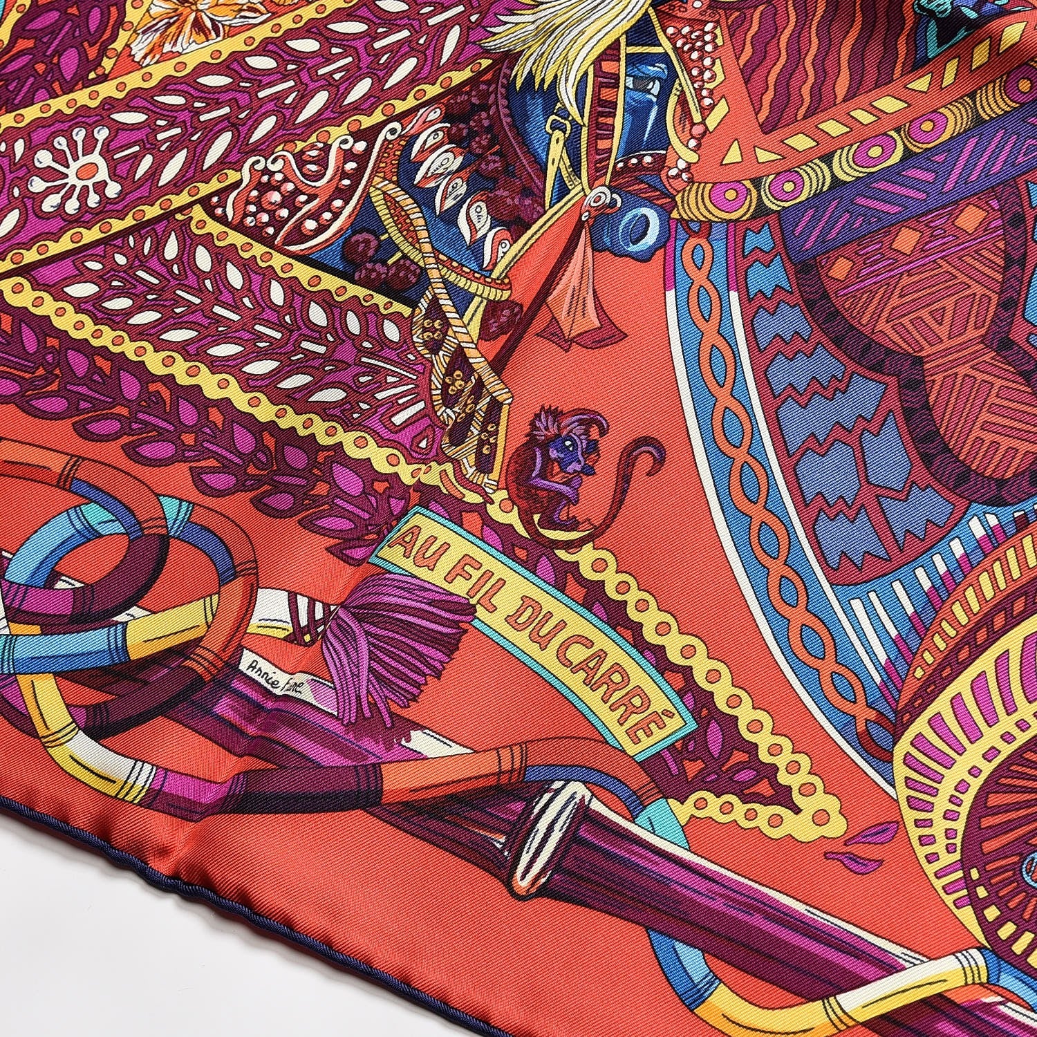 Hermes Silk Au Fil Du Carre Scarf 90 Rouge Violet Turquoise 4 of 7