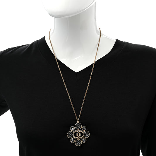Gripoix Poured Glass Crystal CC Pendant Necklace Black Gold