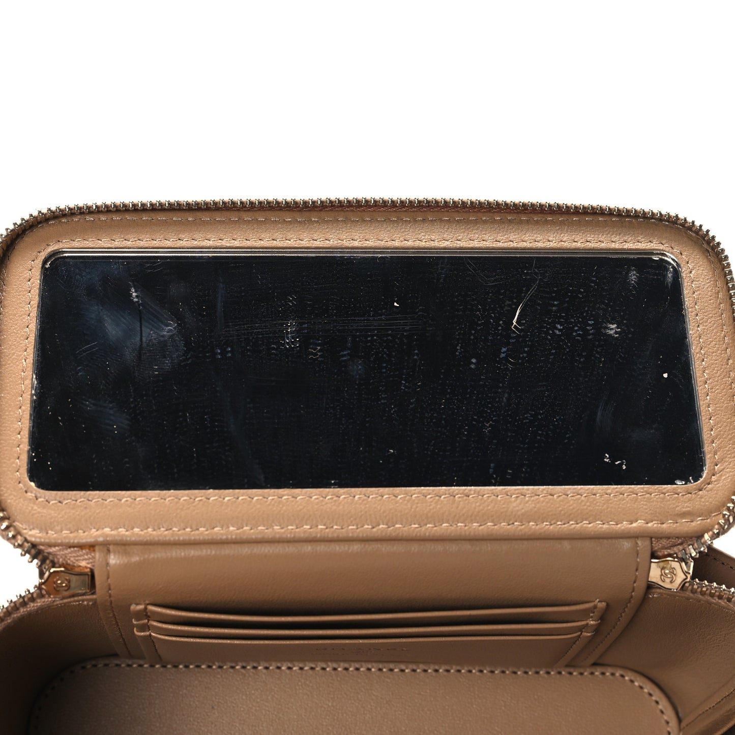 Lambskin Quilted Metal Small Top Handle Vanity Case With Chain Beige