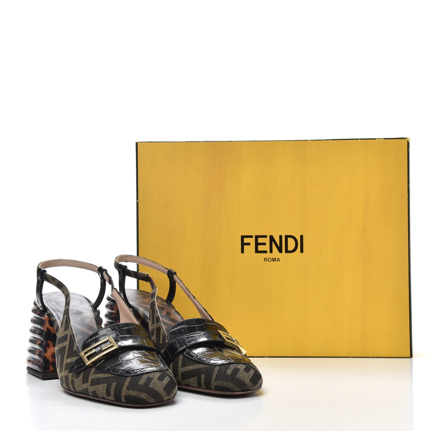 Jacquard Calfskin FF Tortoise Promenade Slingback Loafer Pumps 38.5 Tobacco