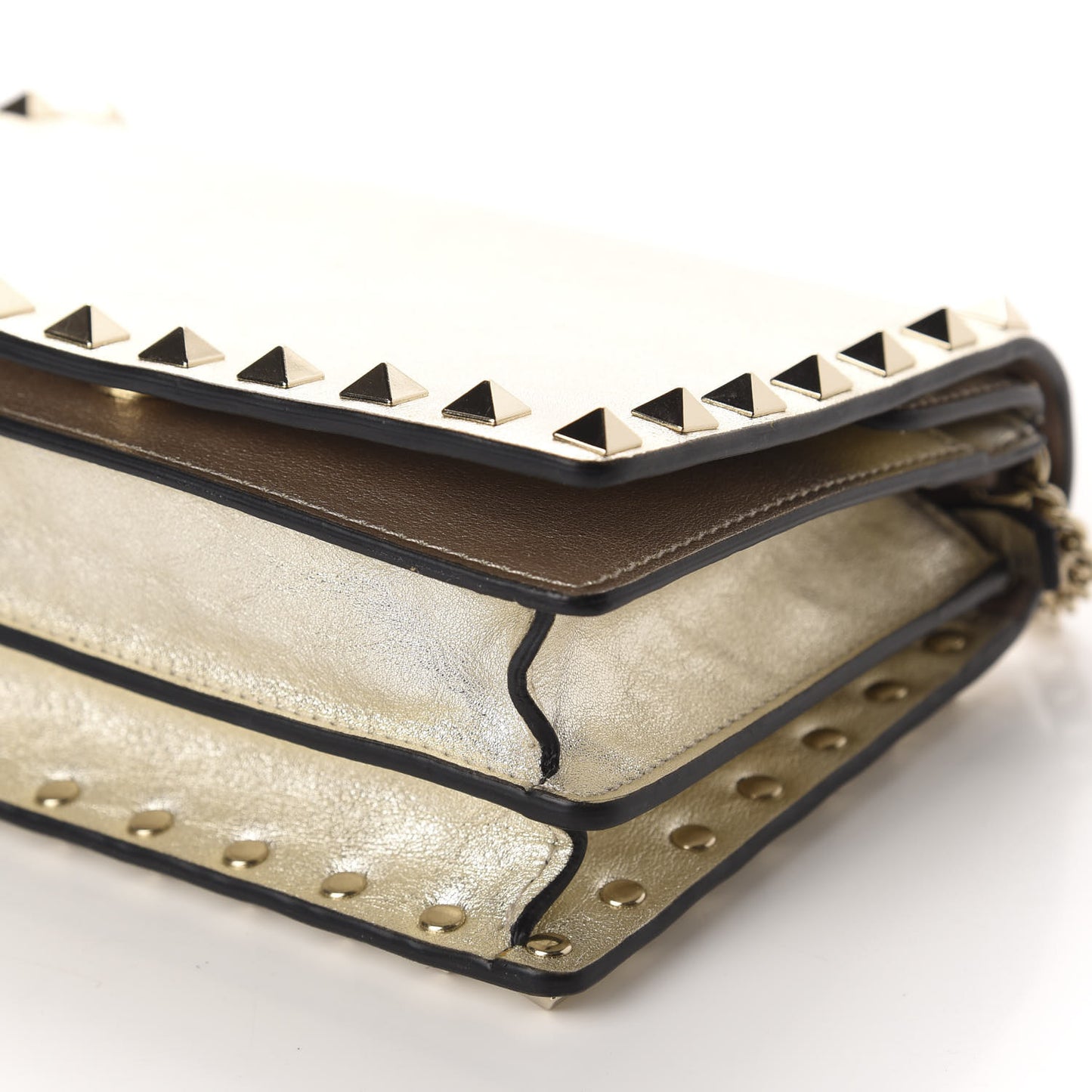 Metallic Calfskin Rockstud Wallet on Chain Gold