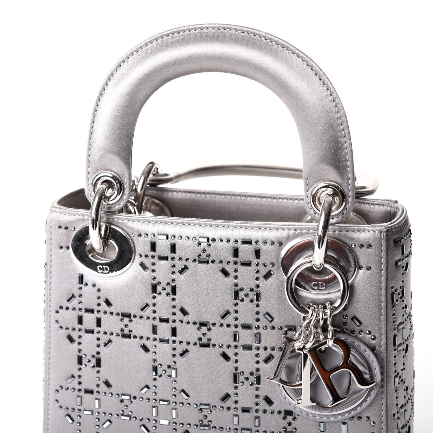 Satin Crystal Cannage Mini Lady Dior Gray