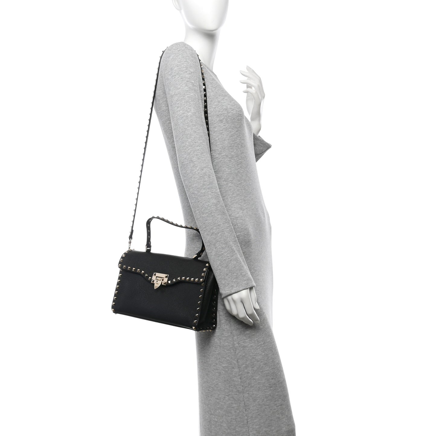 Pebbled Calfskin Rockstud Flip Lock Top Handle Bag Black