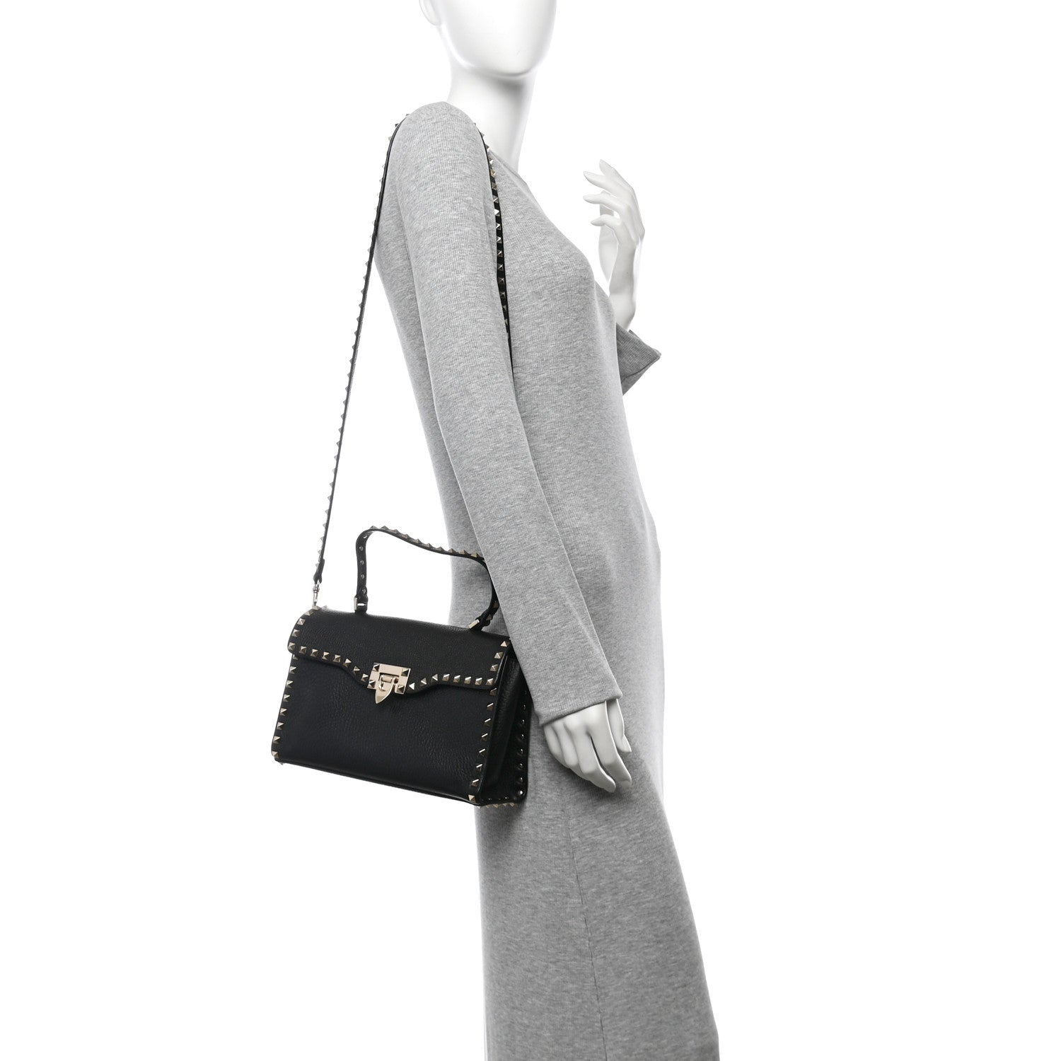 Valentino Garavani Pebbled Calfskin Rockstud Flip Lock Top Handle Bag Black 2 of 9