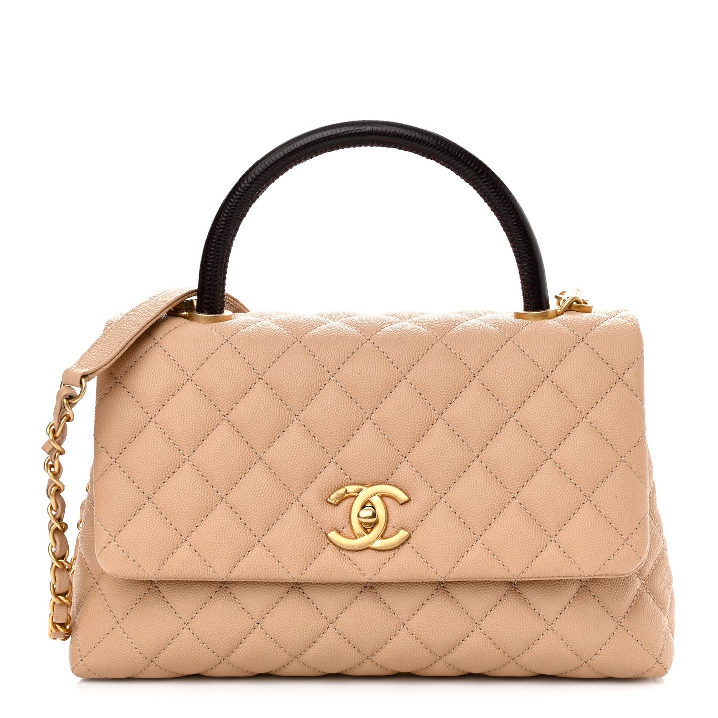 Caviar Lizard Quilted Small Coco Handle Flap Beige