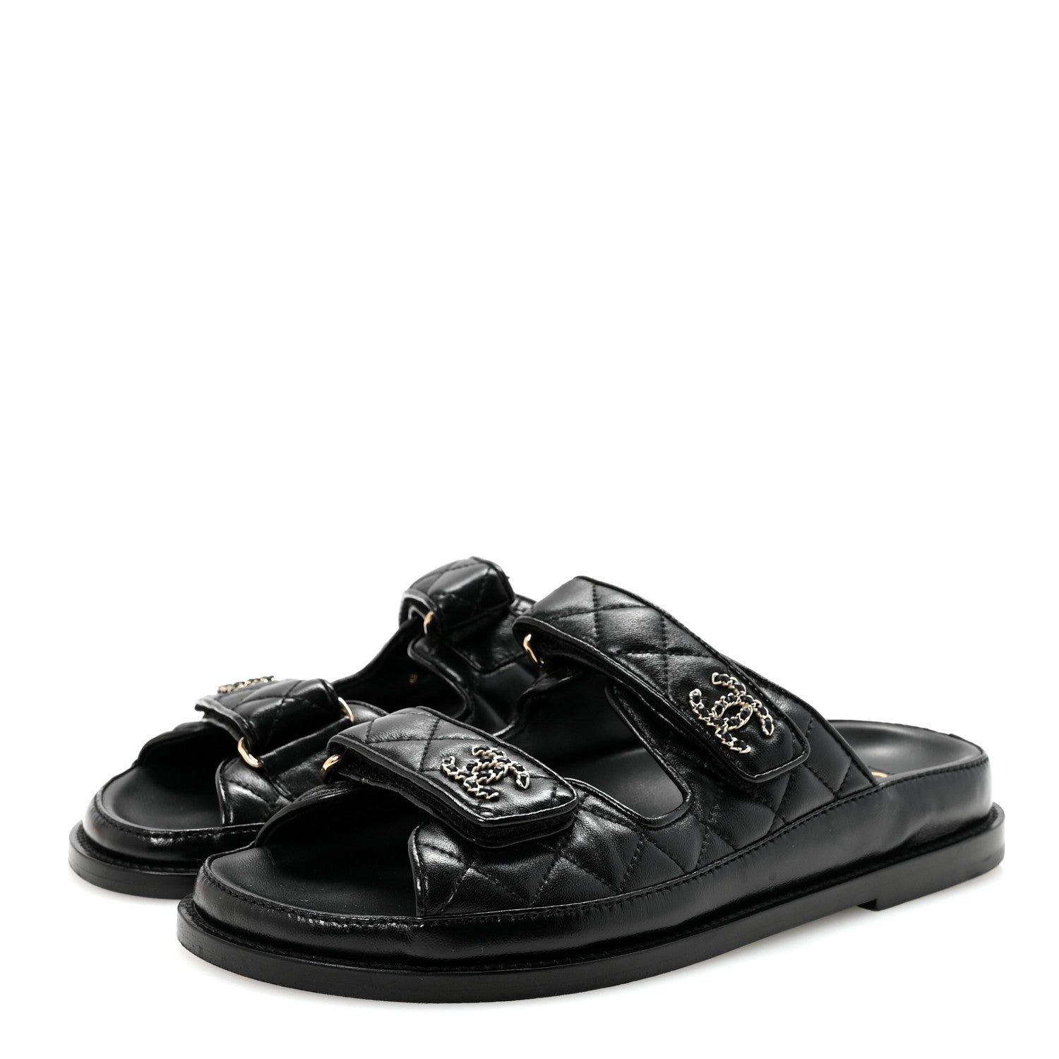 Chanel Lambskin Quilted Velcro Dad Chain CC Slide Sandals 36.5 Black 4 of 7