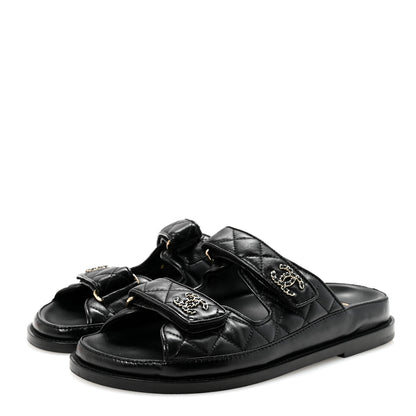 Chanel Lambskin Quilted Velcro Dad Chain CC Slide Sandals 36.5 Black 4 of 7