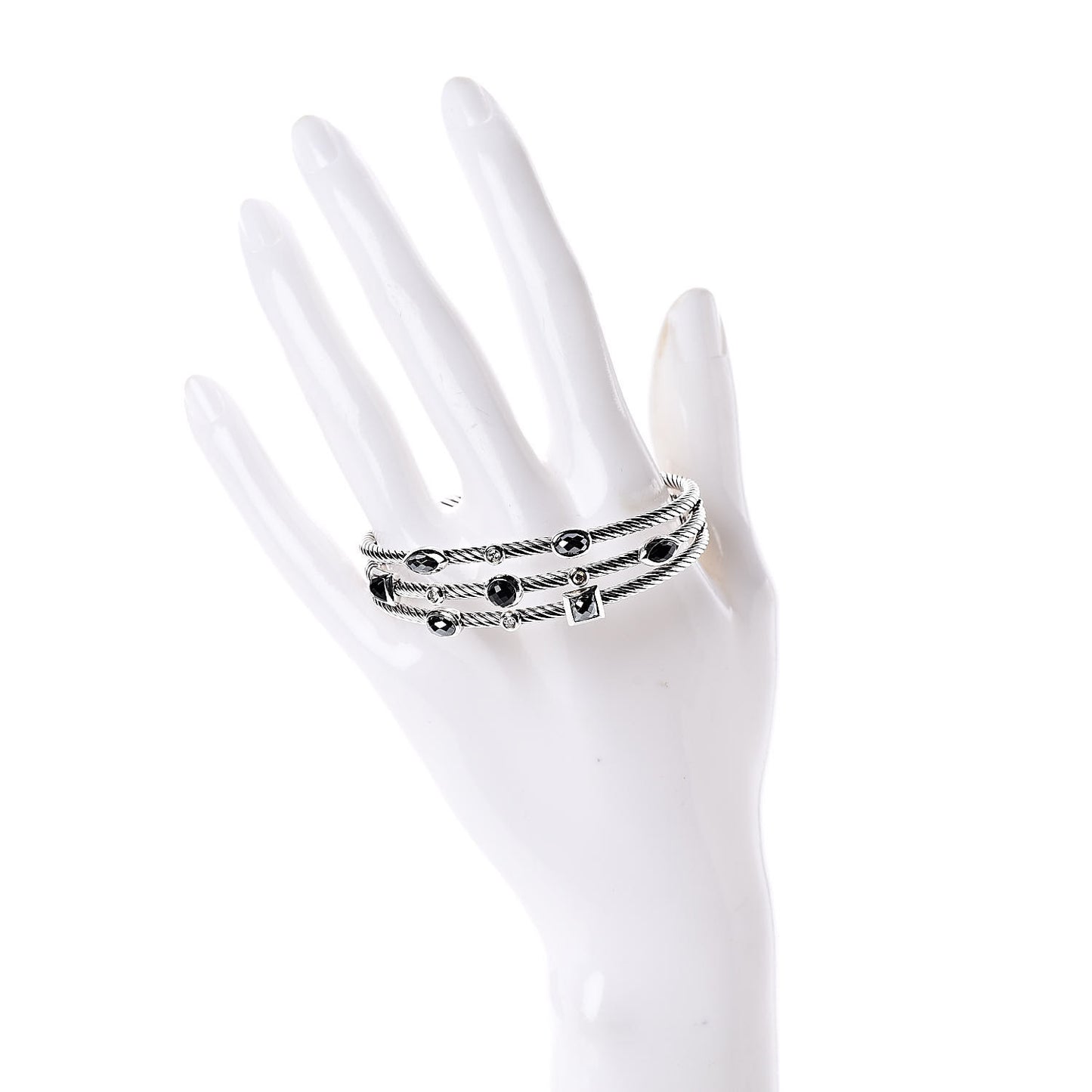 Sterling Silver Diamond Hematite Black Onyx Three Row Confetti Cuff Bracelet
