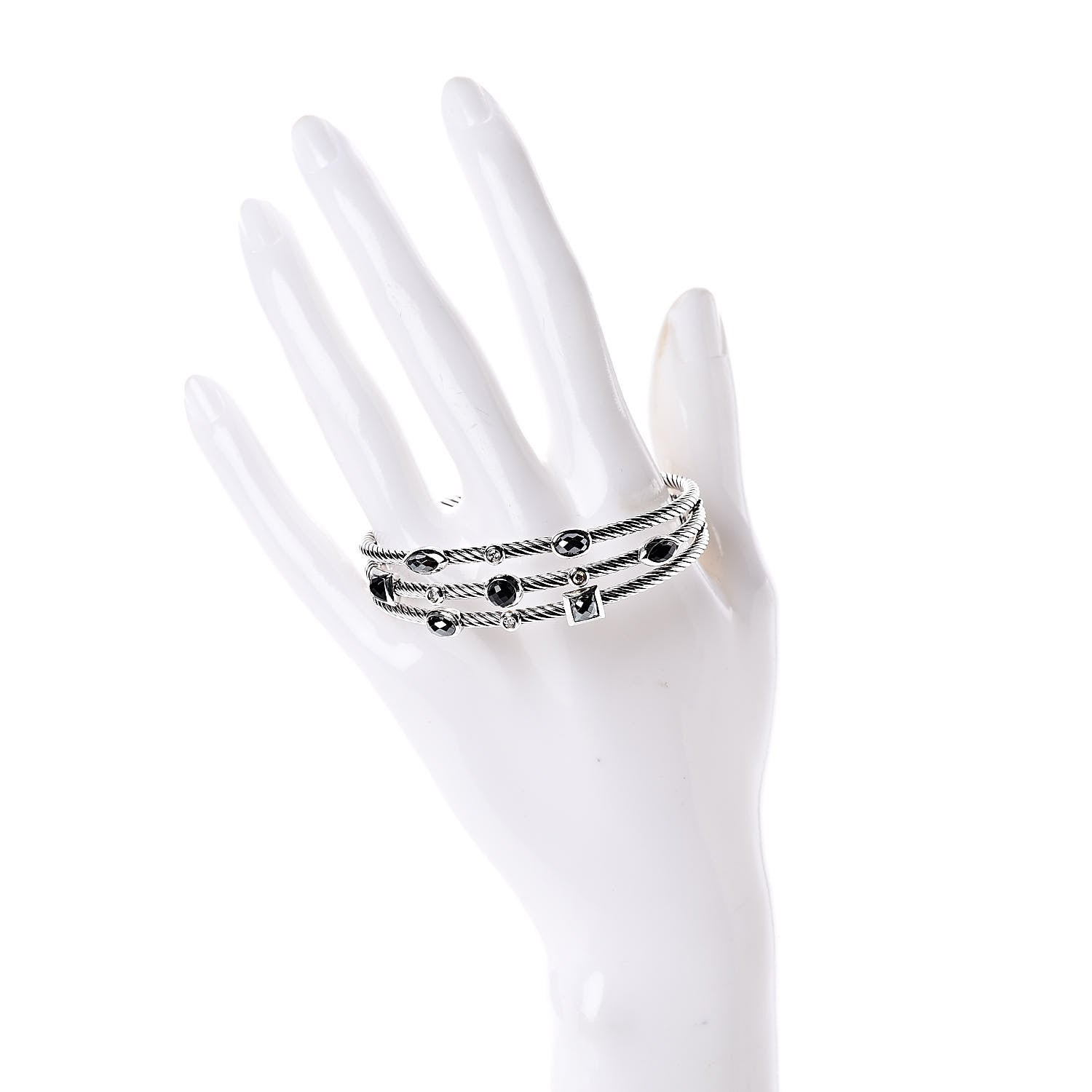 David Yurman Sterling Silver Diamond Hematite Black Onyx Three Row Confetti Cuff Bracelet 2 of 5