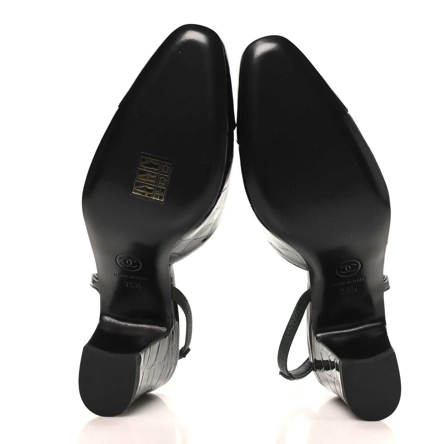 Chanel Patent Calfskin Crocodile Embossed Cap Toe CC Slingback Pumps 36.5 Dark Green Black 6 of 10