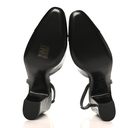 Chanel Patent Calfskin Crocodile Embossed Cap Toe CC Slingback Pumps 36.5 Dark Green Black 6 of 10