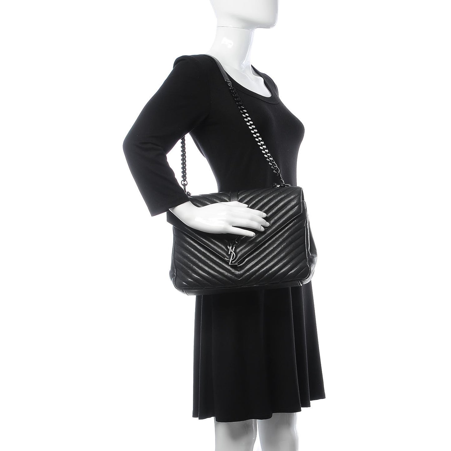 Sheepskin Matelasse Chevron Monogram Large College Satchel Black