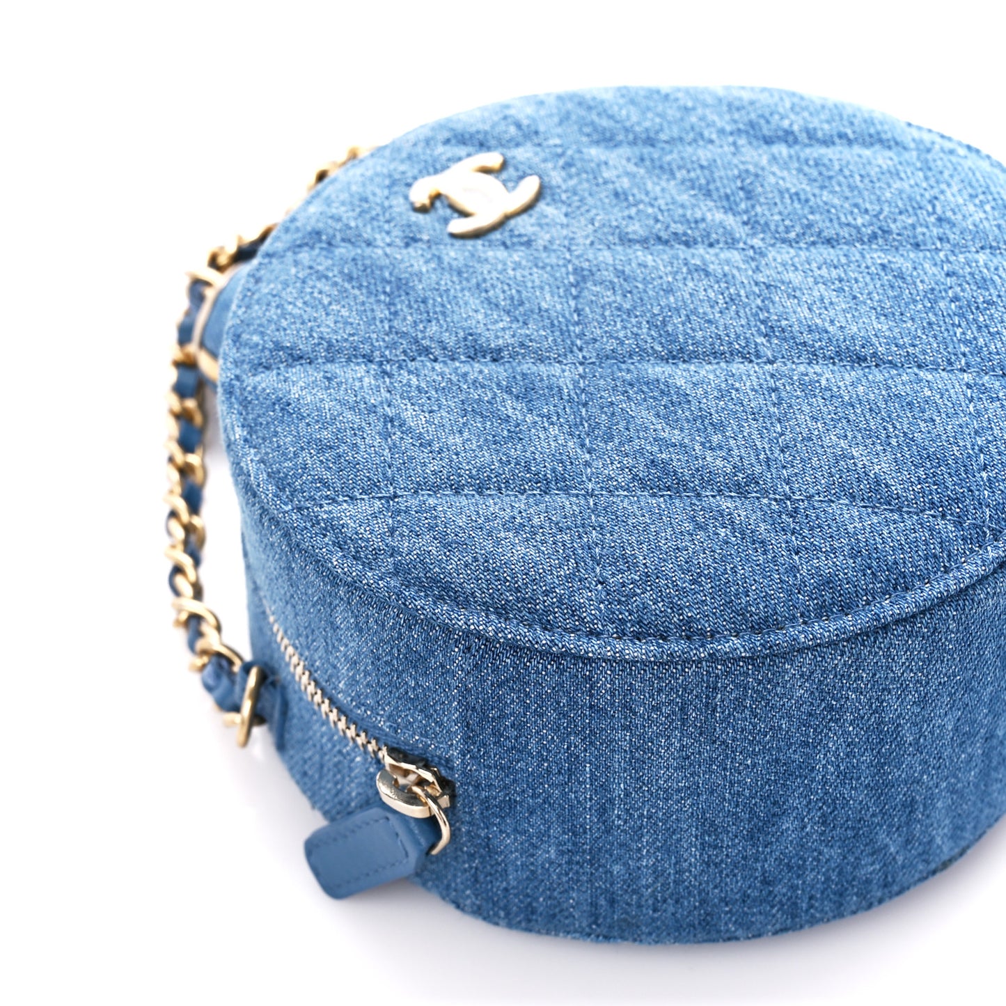 Denim Quilted Round Pearl Crush Clutch With Chain Blue