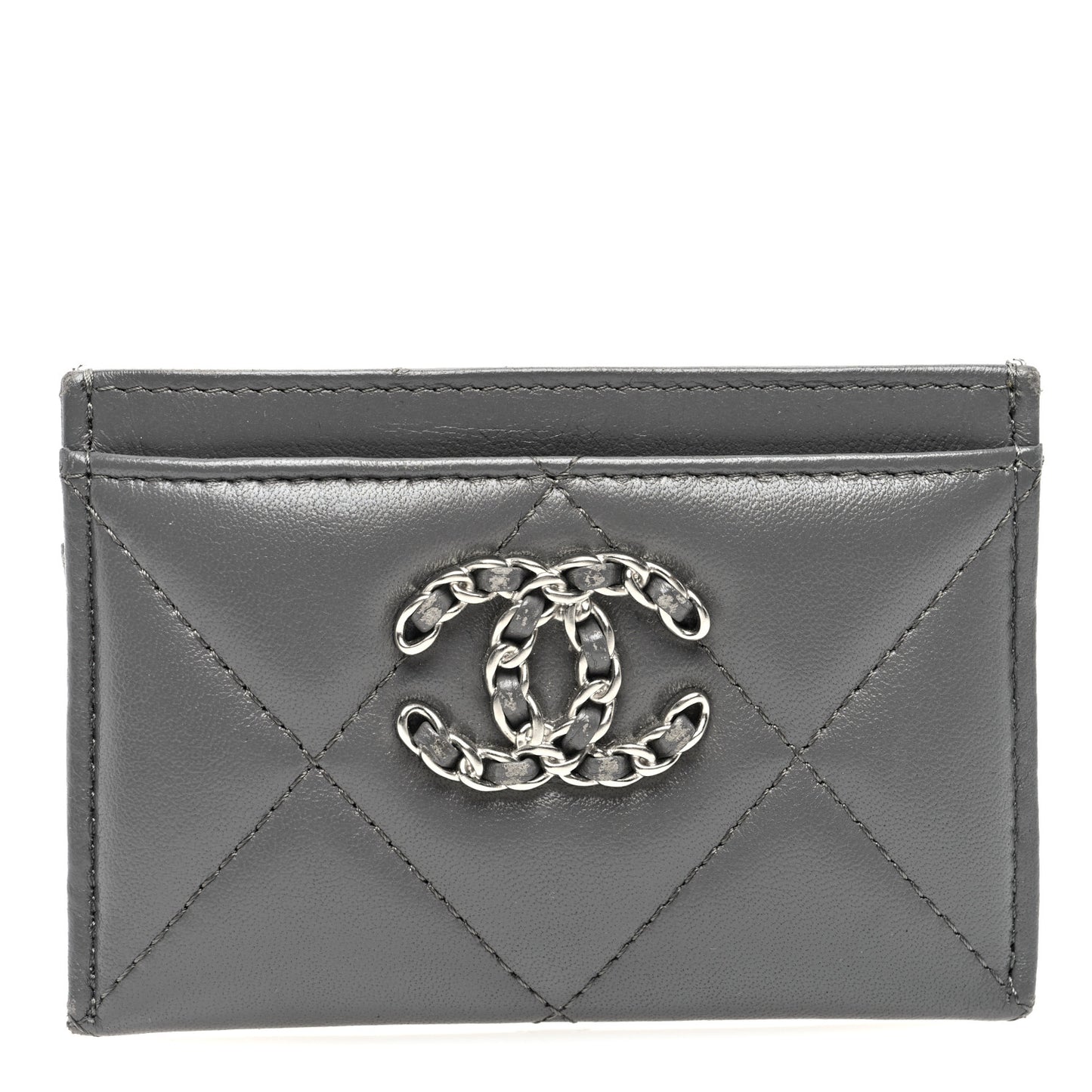 Lambskin Quilted Chanel 19 Card Holder Dark Grey