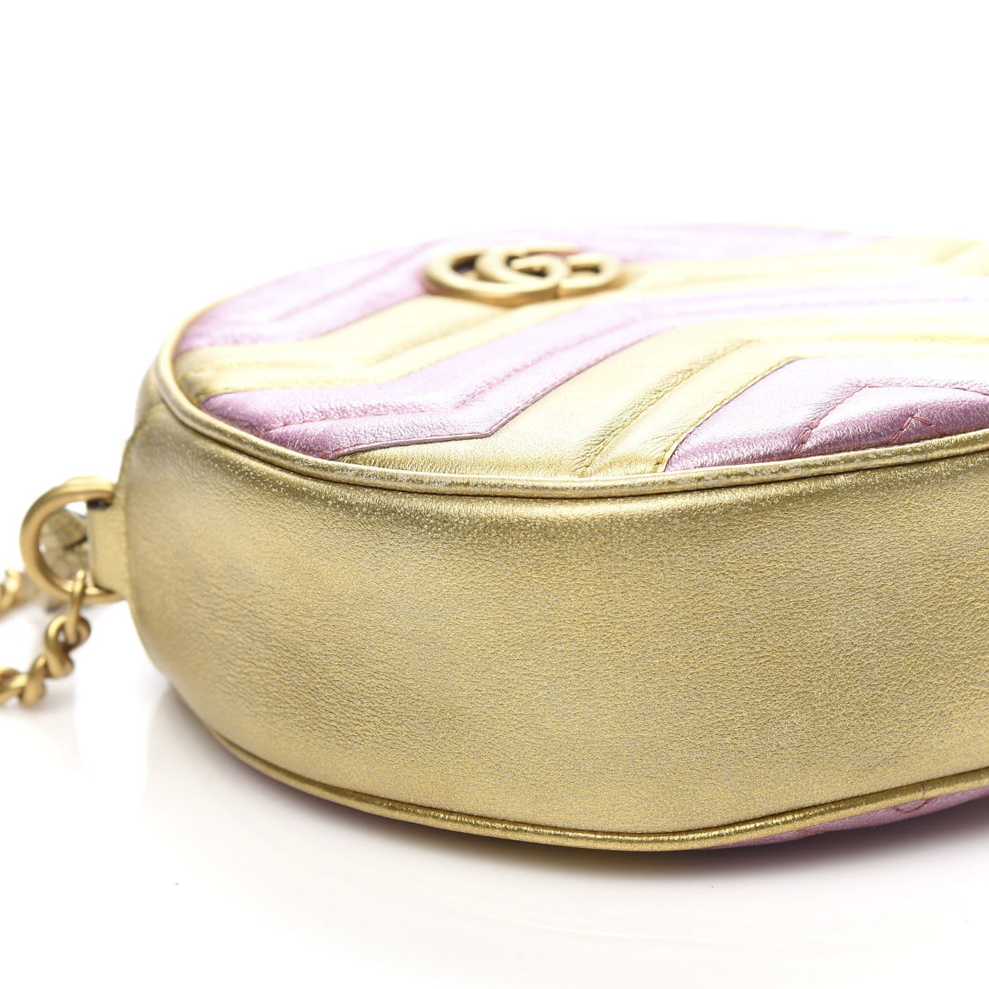 Metallic Calfskin Matelasse Mini GG Marmont Round Shoulder Bag Gold Pink