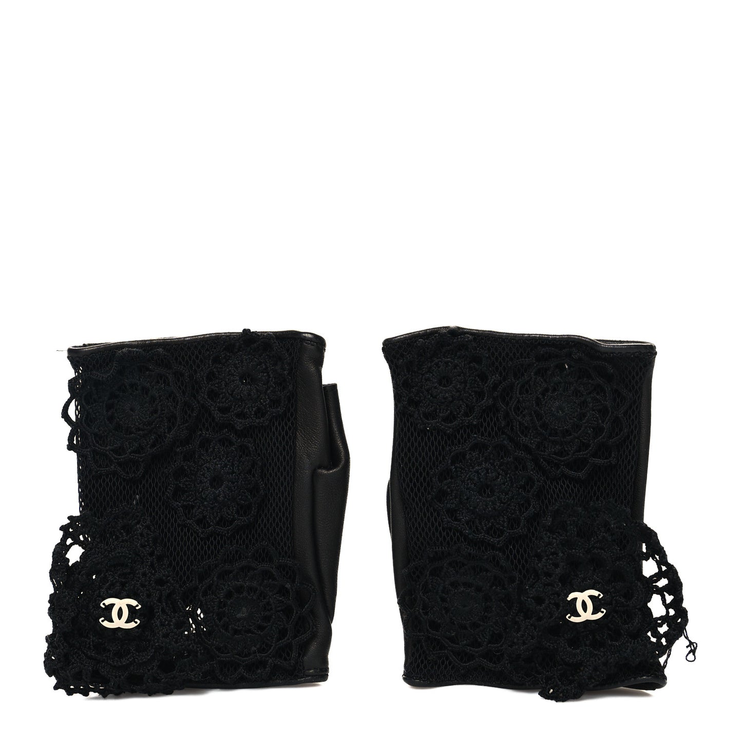 Lambskin Camellia Fingerless Gloves 7 Black